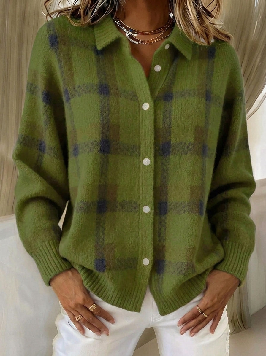 Gabriela - Cárdigan Tejido a Cuadros, Verde olivo