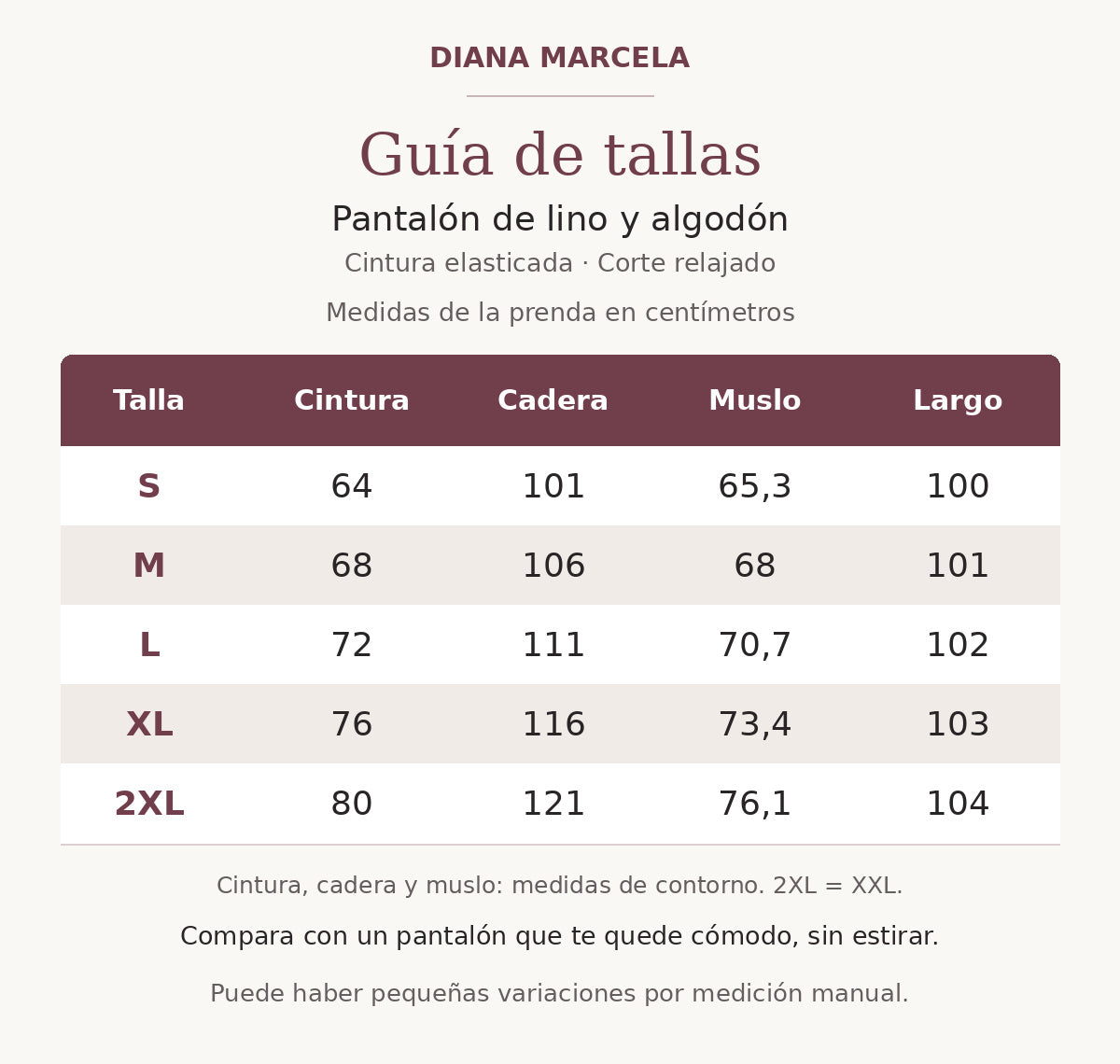 Guía de tallas del pantalón de lino y algodón: cintura, cadera, muslo y largo en centímetros, de S a 2XL