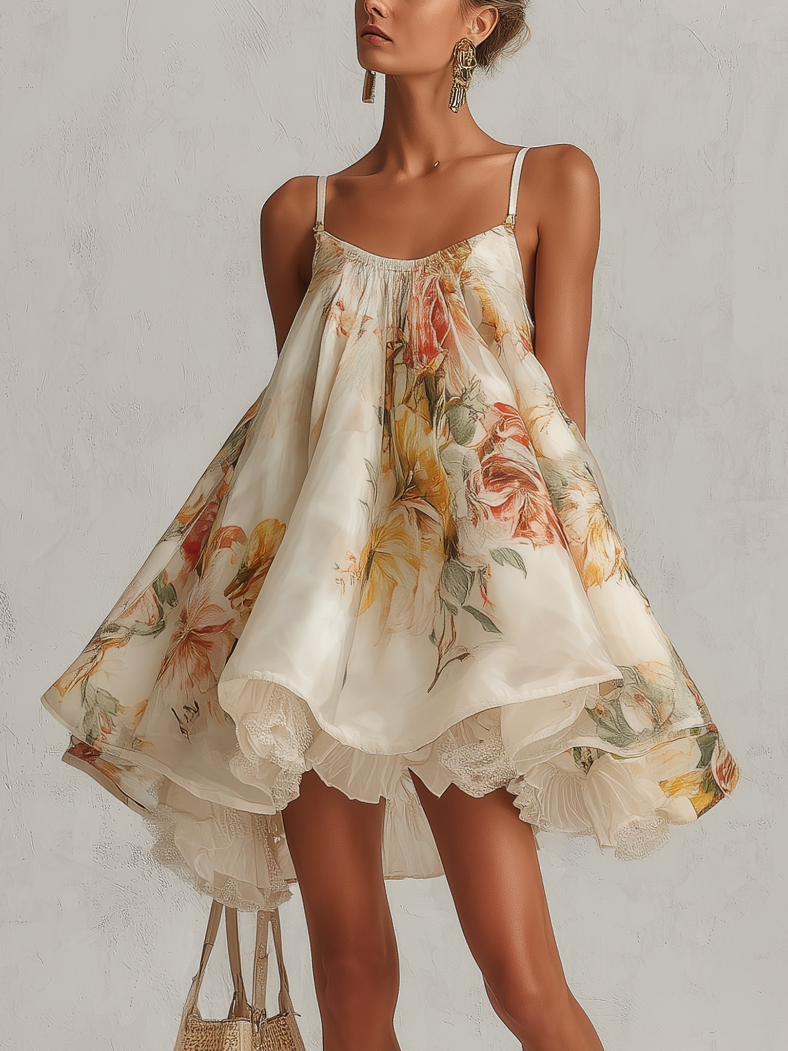 Liliana | Vestido Corto Línea A de Organza Beige con Motivo Floral y Borde de Encaje