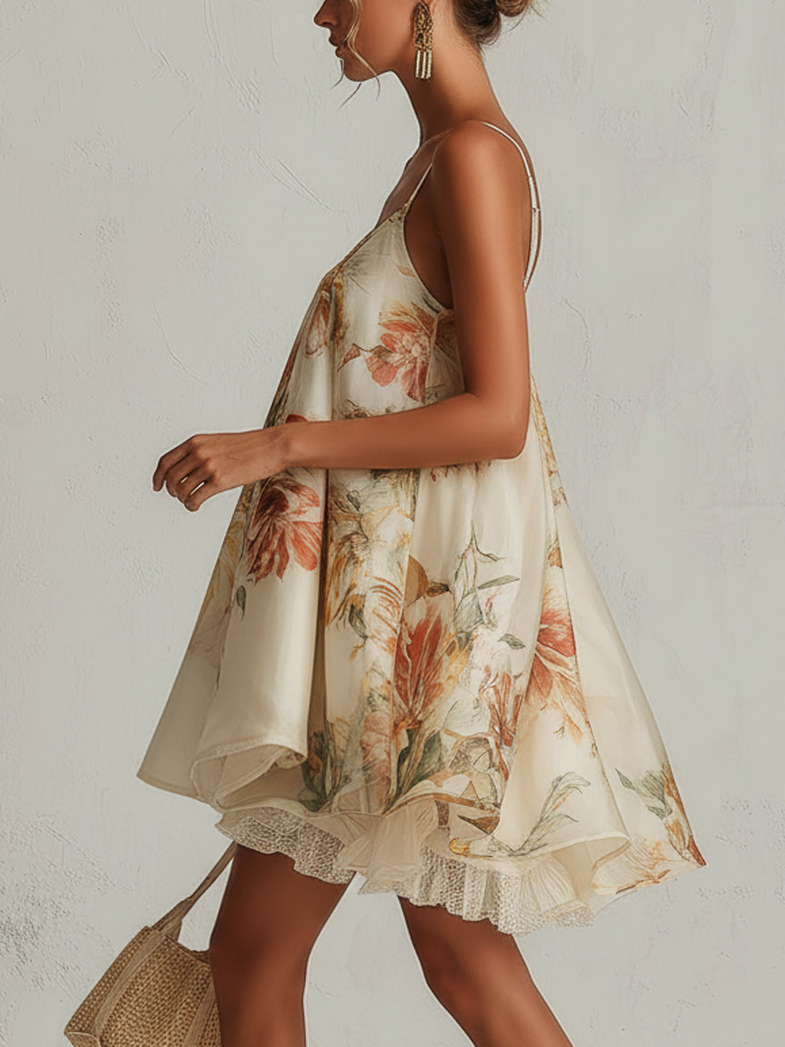 Liliana | Vestido Corto Línea A de Organza Beige con Motivo Floral y Borde de Encaje