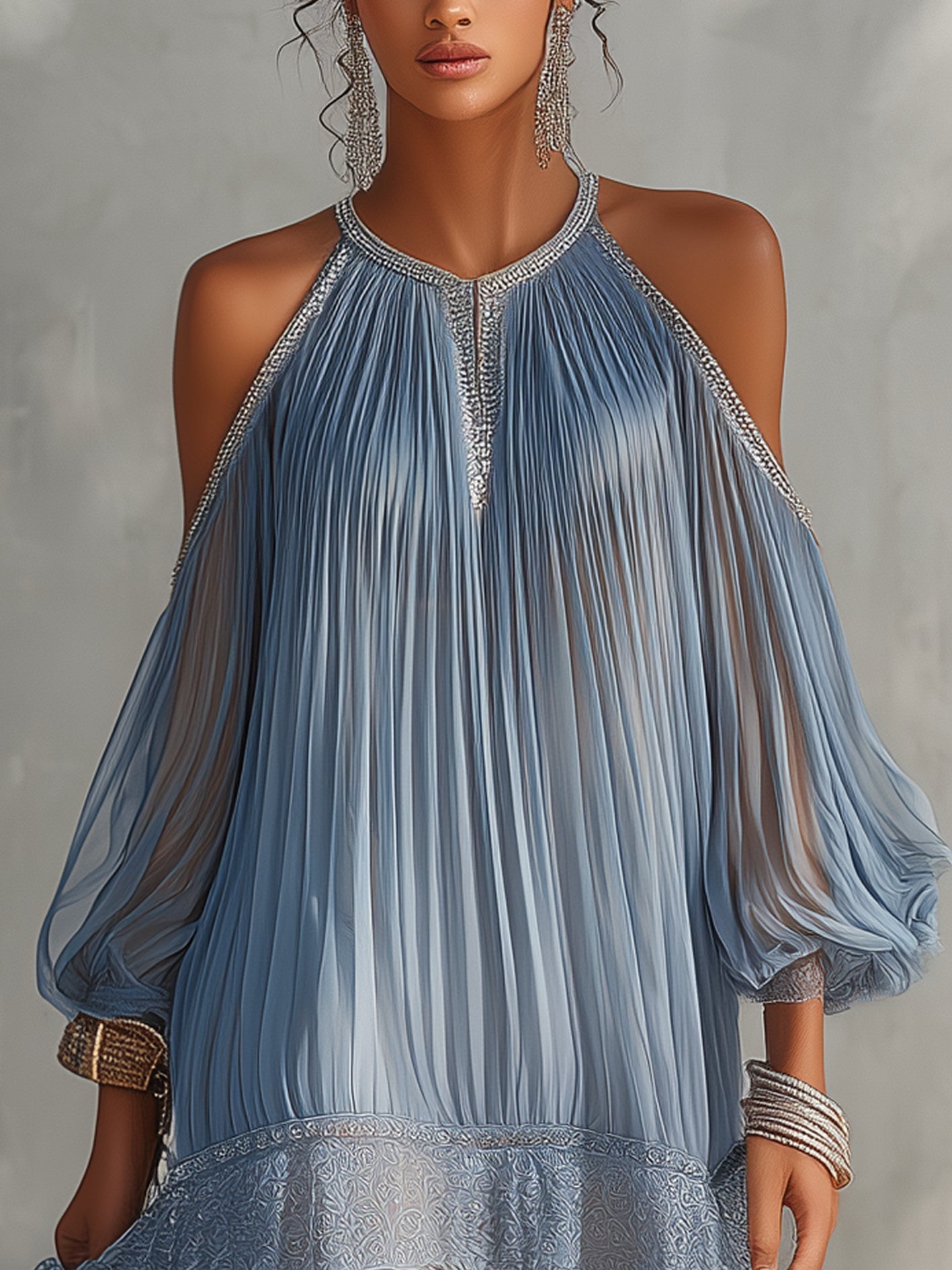 Celeste | Vestido Mini Azul con Hombros Descubiertos, Fruncido y Borde de Encaje