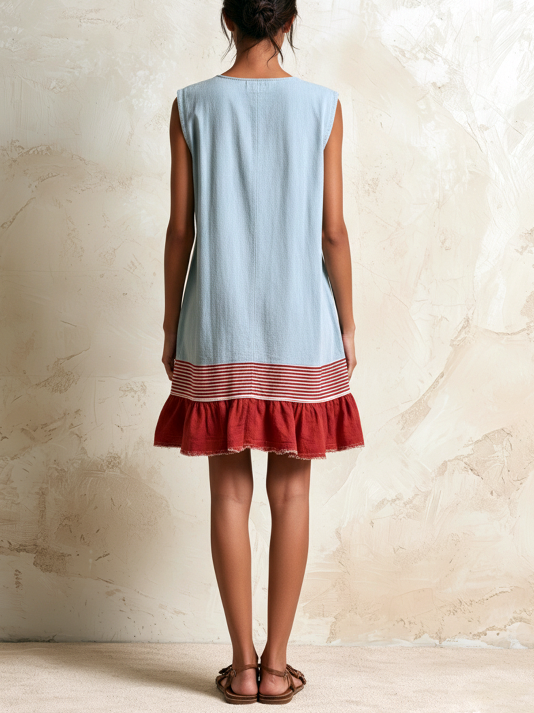 Katia | Vestido Túnica Azul Claro Sin Mangas con Franja Roja y Ruedo Fruncido