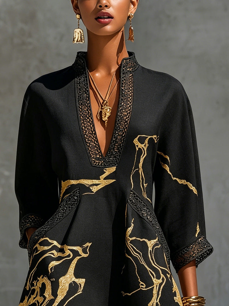 Donatella - Vestido Mini Negro con Estampado Mármol Dorado y Encaje Crochet
