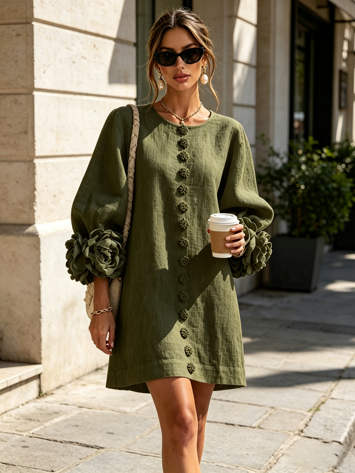 Vestido Mini Camisero Floral Verde Oliva con Puños Florales