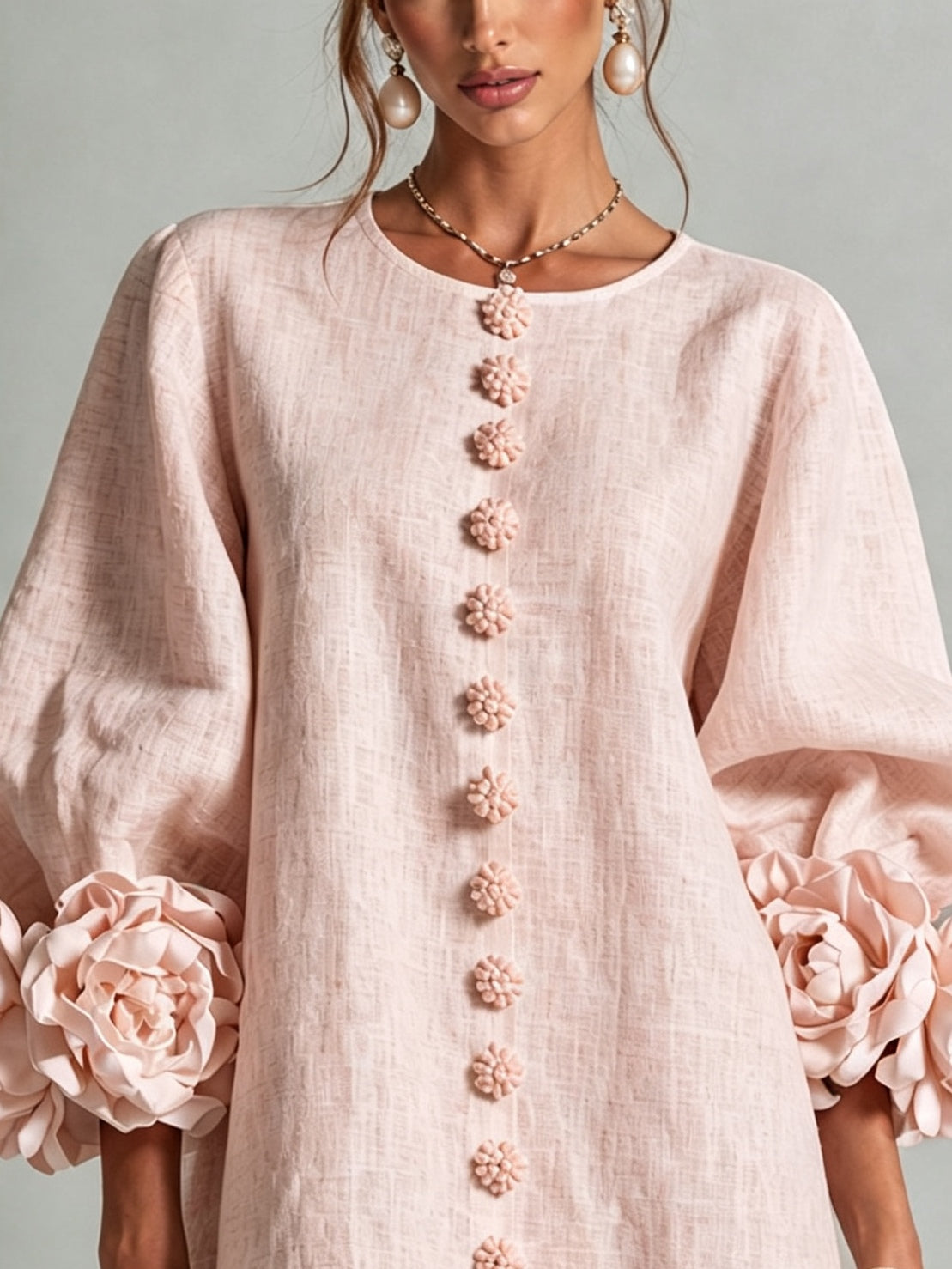 Vestido Mini Floral Rosa con Botones y Mangas Florales