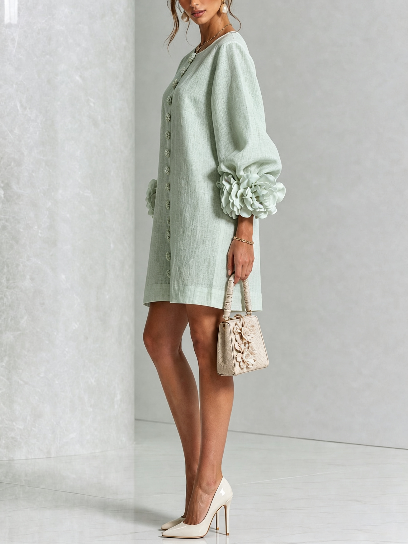 Vestido Mini Blanco con Botones y Mangas Florales
