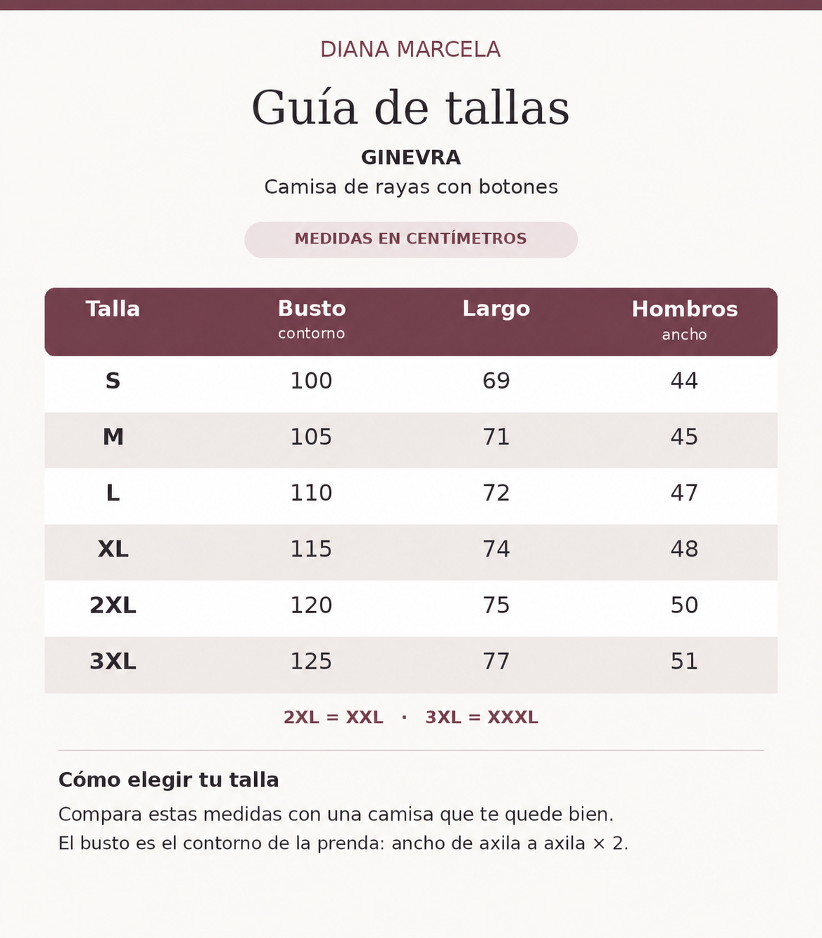 Guía de tallas Ginevra en centímetros: S 100/69/44; M 105/71/45; L 110/72/47; XL 115/74/48; 2XL 120/75/50; 3XL 125/77/51. Busto, largo y hombros de la prenda.
