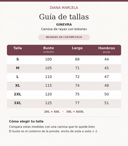 Guía de tallas Ginevra en centímetros: S 100/69/44; M 105/71/45; L 110/72/47; XL 115/74/48; 2XL 120/75/50; 3XL 125/77/51. Busto, largo y hombros de la prenda.