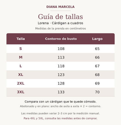 Guía de tallas Lorena: contorno de busto y largo de S a 3XL en centímetros