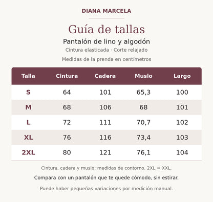 Guía de tallas del pantalón de lino y algodón: cintura, cadera, muslo y largo en centímetros, de S a 2XL