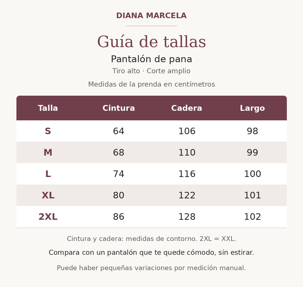 Guía de tallas del pantalón de pana: cintura, cadera y largo en centímetros, de S a 2XL