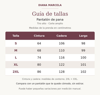 Guía de tallas del pantalón de pana: cintura, cadera y largo en centímetros, de S a 2XL