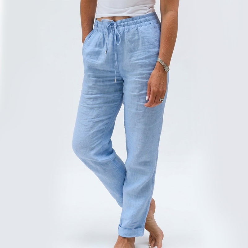 Pantalón de lino y algodón con cintura elasticada en azul