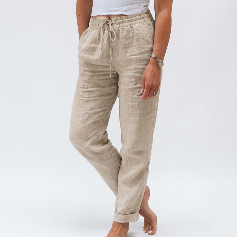 Pantalón de lino y algodón con cintura elasticada en beige