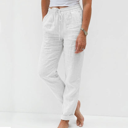 Pantalón de lino y algodón con cintura elasticada en blanco