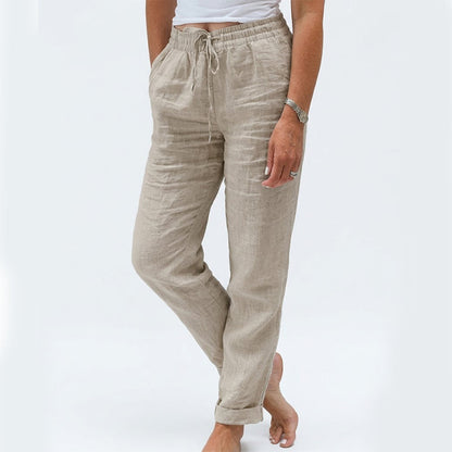 Pantalón de lino y algodón con cintura elasticada en gris piedra