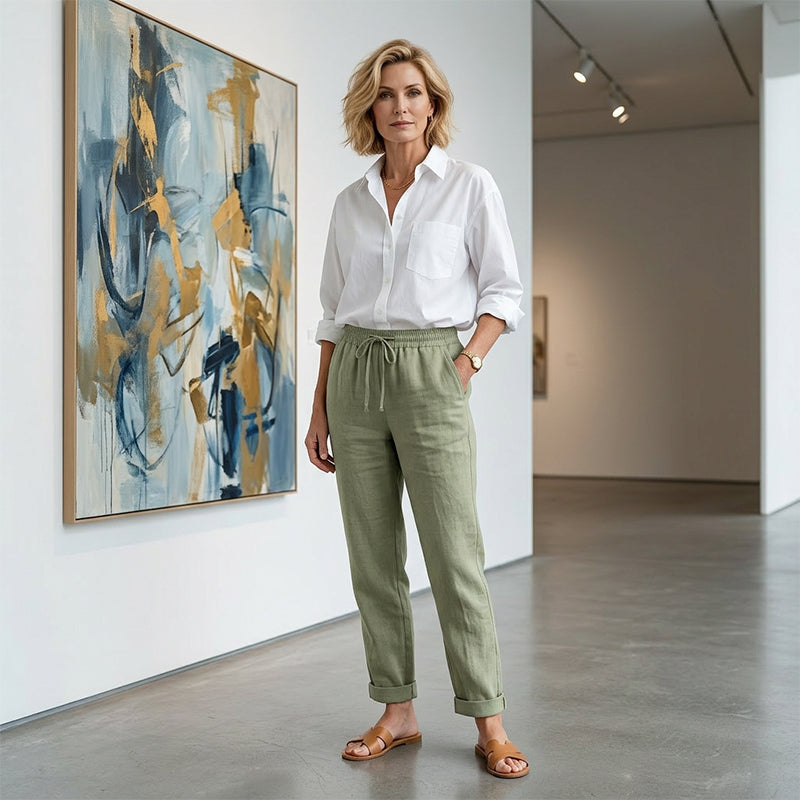 Pantalón verde oliva combinado con una camisa blanca