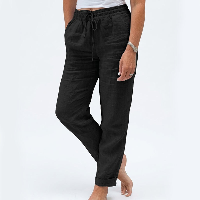 Pantalón de lino y algodón con cintura elasticada en negro