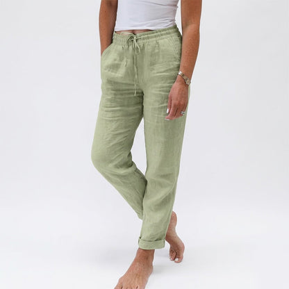Pantalón de lino y algodón con cintura elasticada en verde oliva