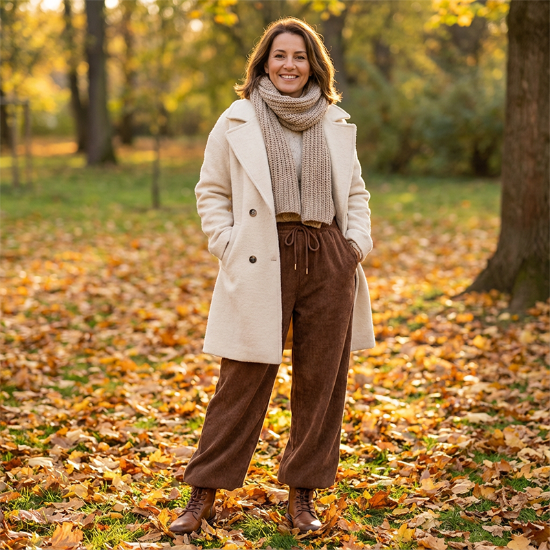 Pantalón de pana café combinado con abrigo