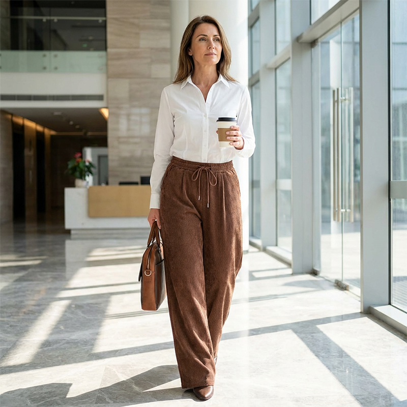 Pantalón de pana café combinado con camisa blanca