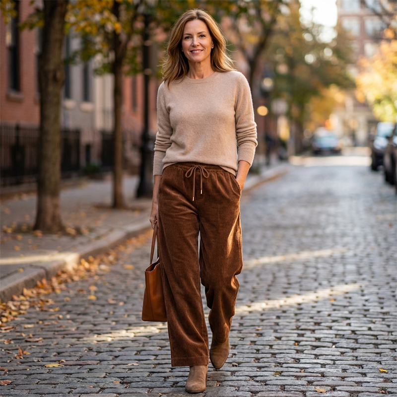 Pantalón de pana café combinado con un suéter