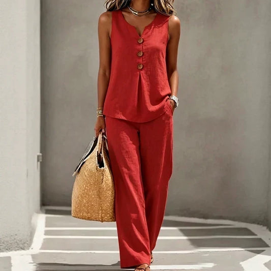 Conjunto Crema de dos piezas color rojo - blusa sin mangas y pantalón amplio